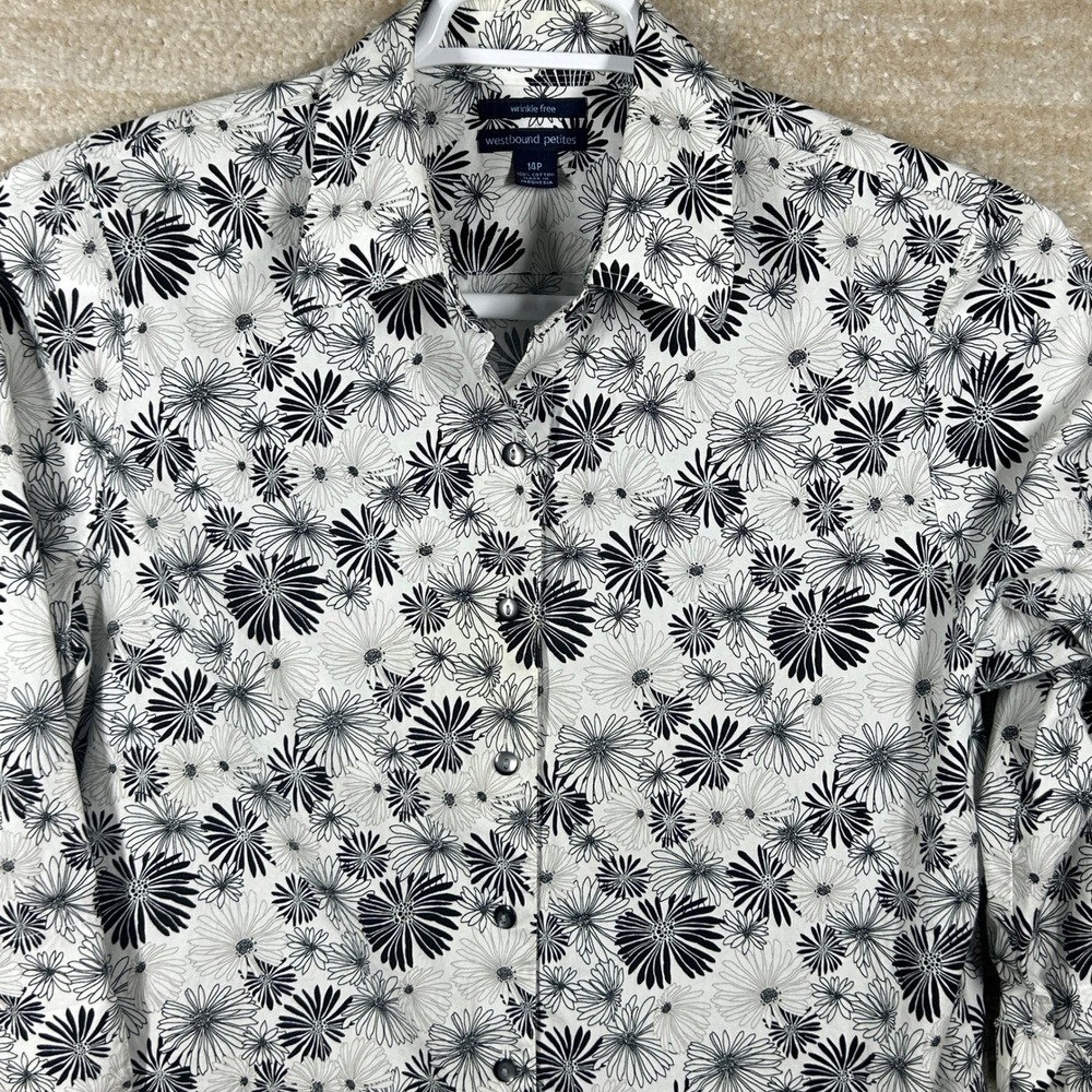 Westbound Petites Women Floral Wrinkle Free Button Up Shirt White Black 14P